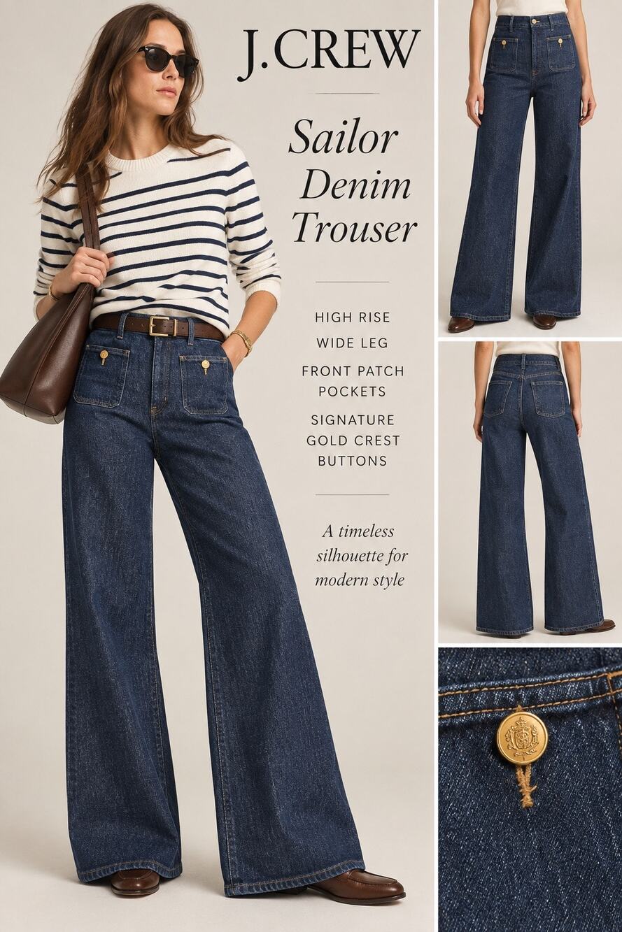 Heritage Preppy Luxe Sailor J.Crew Denim Trouser Wide Leg Jeans Dark Wash 33